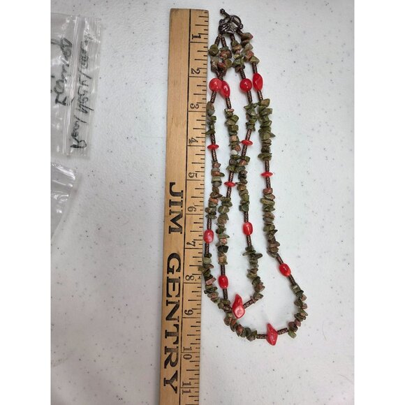 Vintage Handcrafted Necklace & Earring Set Red & Green Stone  With Toggle Clasp - Picture 7 of 10